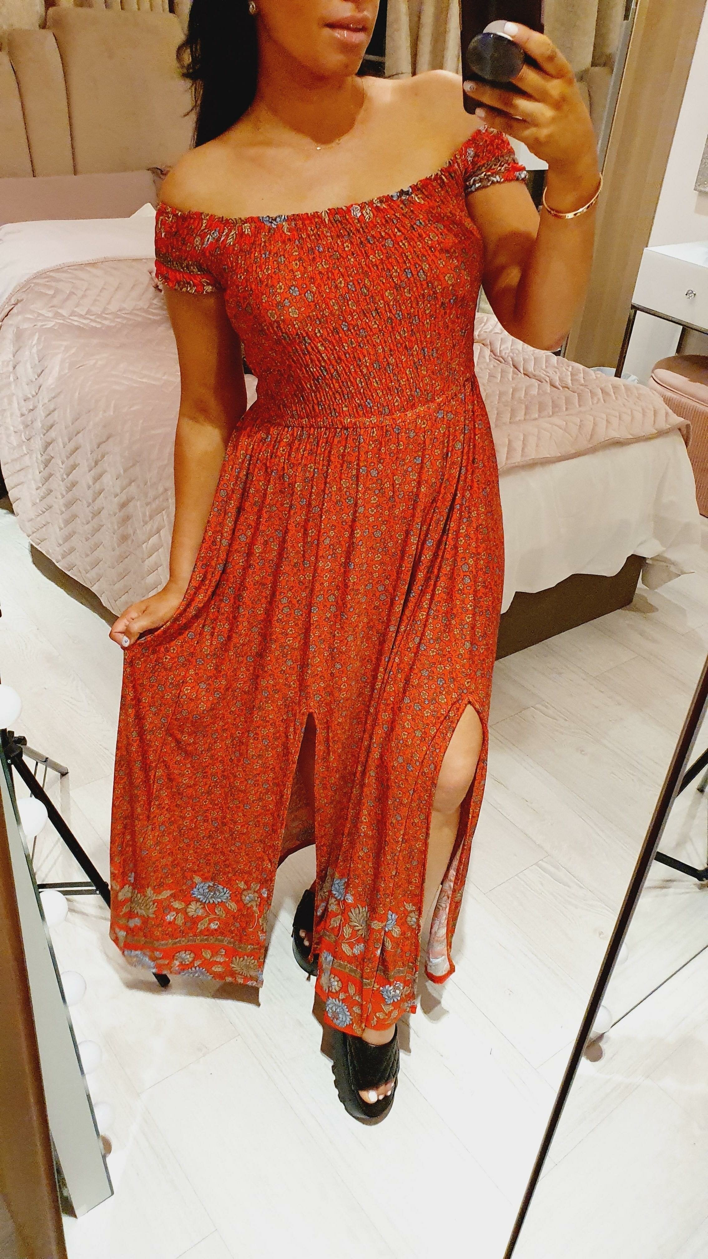 Lively Floral Bardot Elasticated Split Maxi Dress