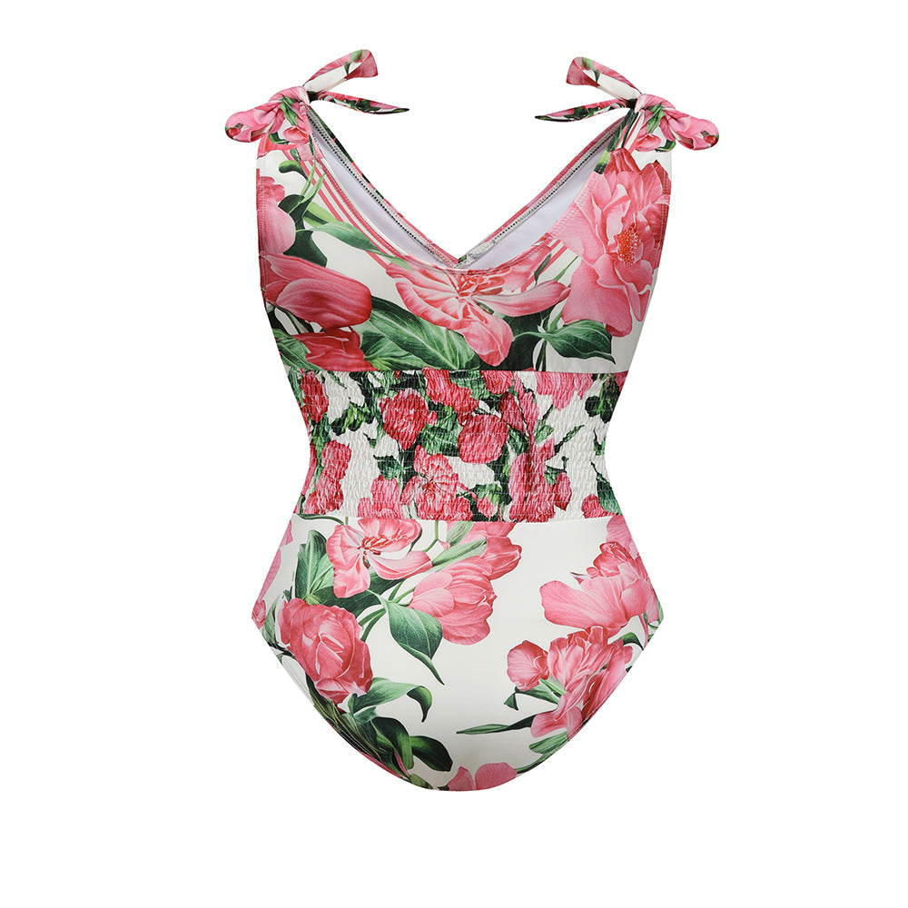 Pink Floral Patterned One-Piece Swimsuit&Skirt