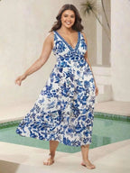Chic Indigo Botanical Print One-Piece Swimsuit&Skirt