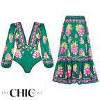 Green Grape Blossom Tropical Vineyard V-Neck Long Sleeves Swimsuit & Skirt