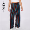 Black Stripe Abstract Print Wide-Leg Drawstring Palazzo Pleated Pants CORE(0XL-XL)