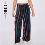 Black Stripe Abstract Print Wide-Leg Drawstring Palazzo Pleated Pants PLUS(2XL-3XL)