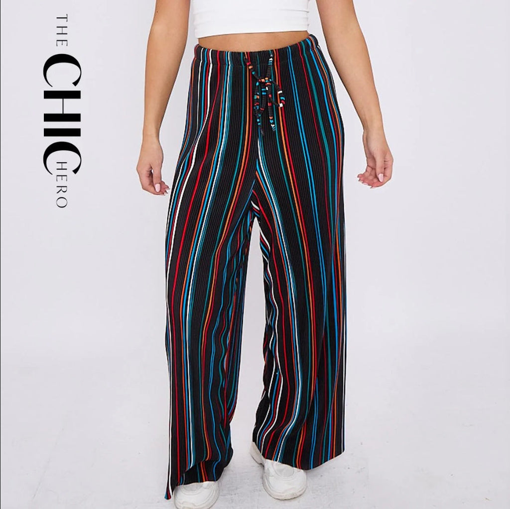 Black Stripe Abstract Print Wide-Leg Drawstring Palazzo Pleated Pants XXPLUS(6XL+)