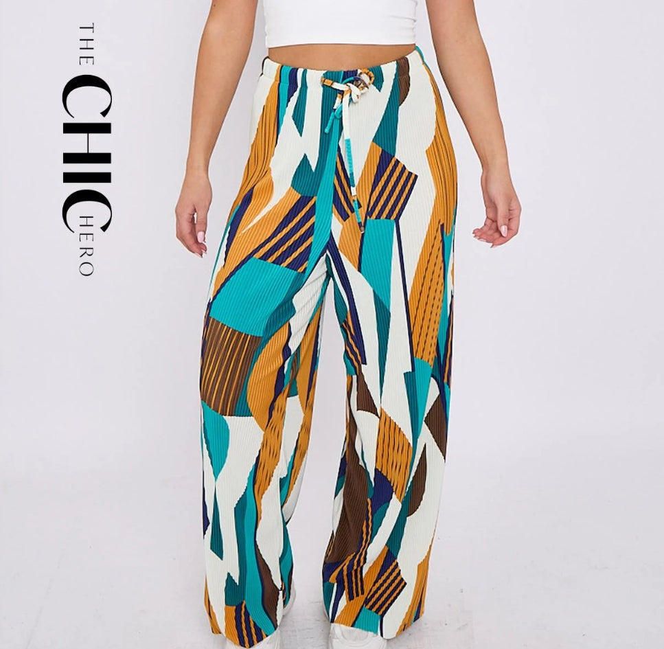 Geometric Patterns Geo Abstract Print Wide-Leg Drawstring Palazzo Pleated Pants