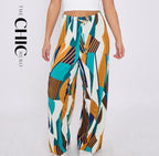 Geometric Patterns Geo Abstract Print Wide-Leg Drawstring Palazzo Pleated Pants