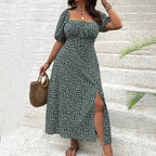 Floral Print Split Detail Short Sleeve Bardot Dress