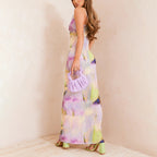 Multi Watercolour Plisse Strappy Maxi Dress
