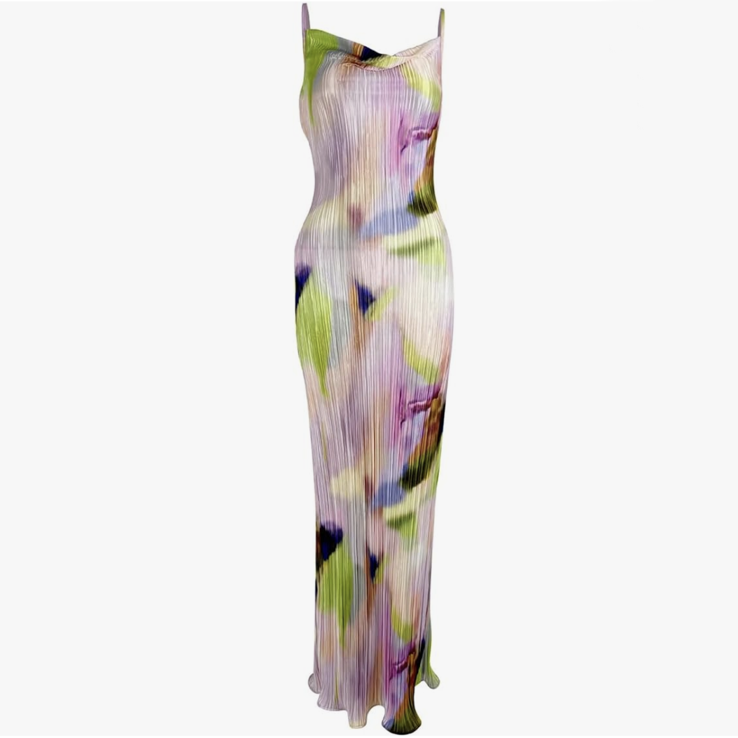 Multi Watercolour Plisse Strappy Maxi Dress