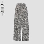 Black Zebra Abstract Print Wide-Leg Drawstring Palazzo Pleated Pants