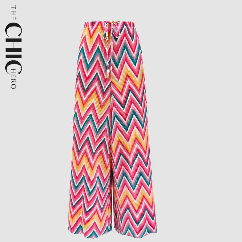 Multi Geometric Patterns Abstract Print Wide-Leg Drawstring Palazzo Pleated Pants