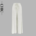 White Wide-Leg Drawstring Pants Palazzo Pleated Pants