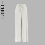 White Wide-Leg Drawstring Pants Palazzo Pleated Pants