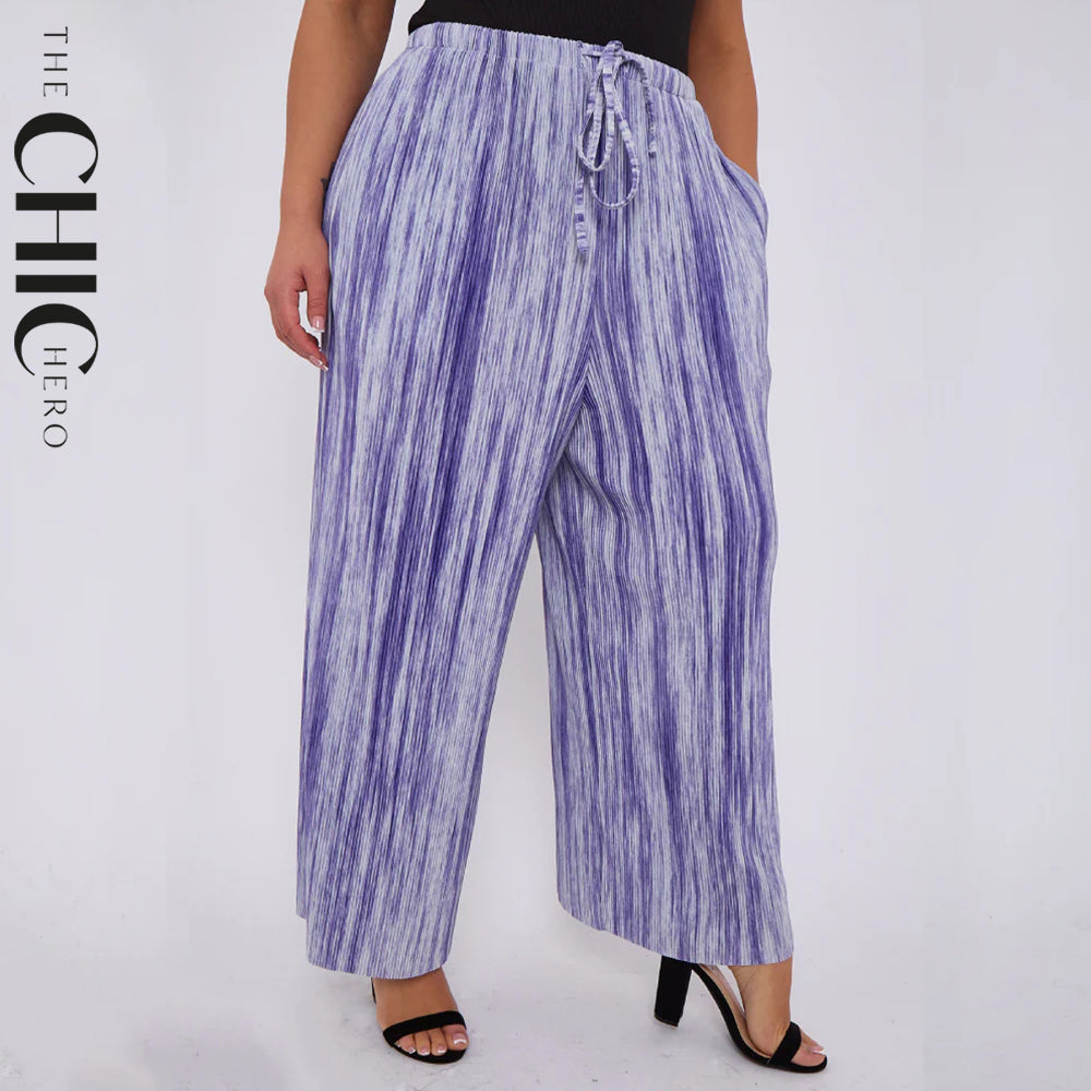 Purple Abstract Geometric Printed Stretchy Pleated Trousers for Women With Pockets