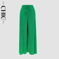 Green Wide-Leg Drawstring Pants Palazzo Pleated Pants