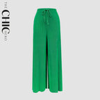 Green Wide-Leg Drawstring Pants Palazzo Pleated Pants