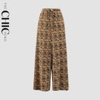 Brown Leopard Wide-Leg Drawstring Palazzo Pleated Pants