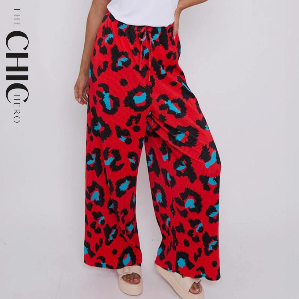 Red Leopard Abstract Print Wide-Leg Drawstring Palazzo Pleated Pants