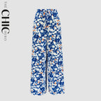Blue Abstract Print Wide-Leg Drawstring Palazzo Pleated Pants