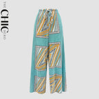 Bohemian Green Abstract Print Wide-Leg Drawstring Palazzo Pleated Pants