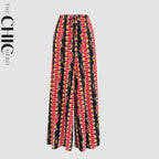 Vintage Black Red Abstract Print Wide-Leg Drawstring Palazzo Pleated Pants