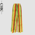 Yellow Green Abstract Print Wide-Leg Drawstring Palazzo Pleated Pants