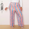 Curved Stripes Abstract Print Wide-Leg Drawstring Palazzo Pleated Pants