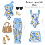 Blue Retro Lemon Florals One-Piece Swimsuit&Skirt