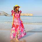 Pink Floral Patterned Ruffled Sleeves One-Piece Swimsuit&Skirt