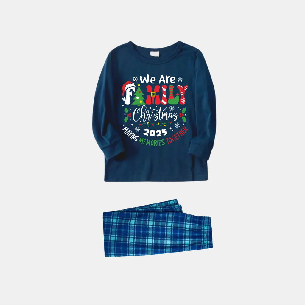 "We are Family 2025 Christmas Make Memories Together" Slogan Print Blue Long Sleeve Top With Blue Plaid Family Matching Pajamas