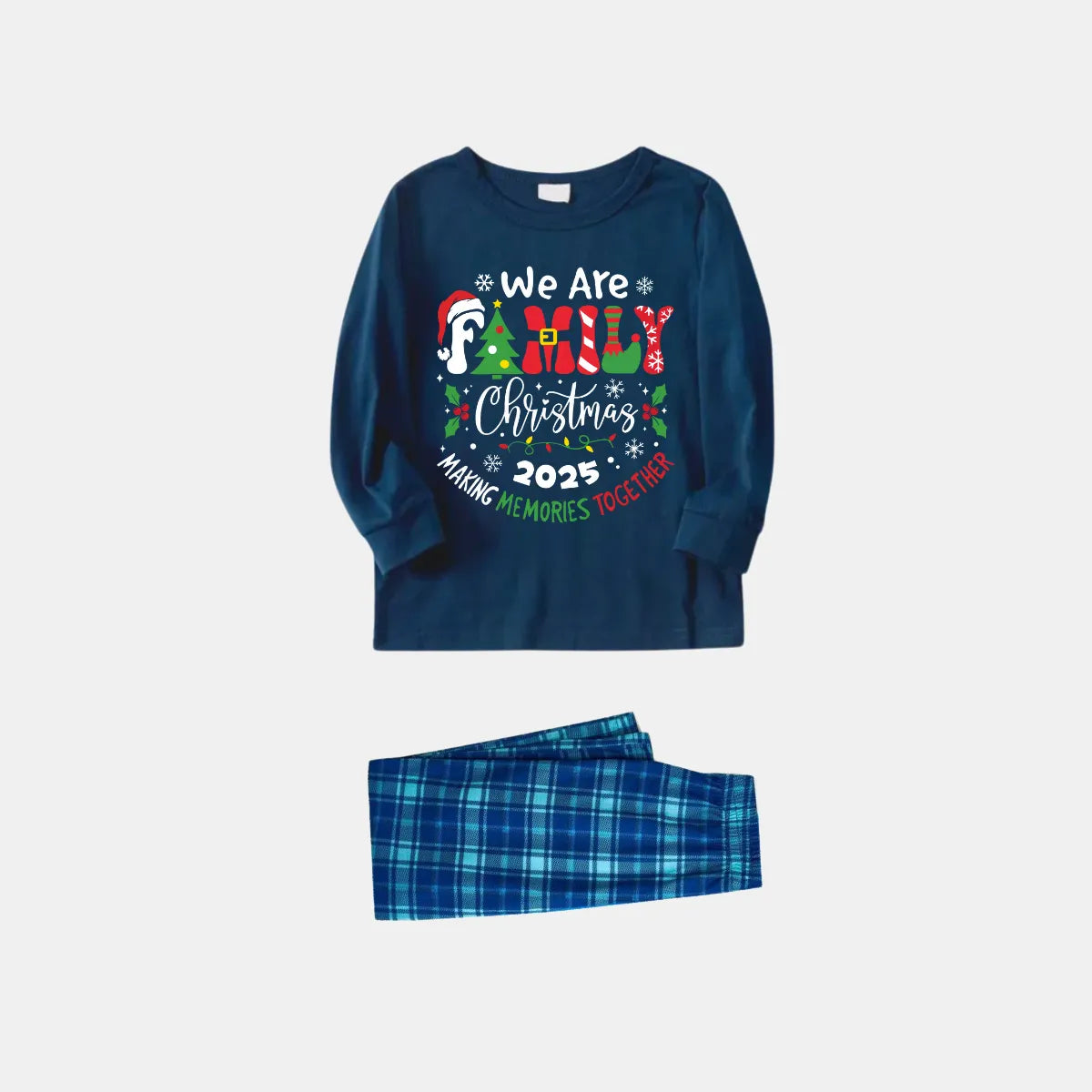 "We are Family 2025 Christmas Make Memories Together" Slogan Print Blue Long Sleeve Top With Blue Plaid Family Matching Pajamas