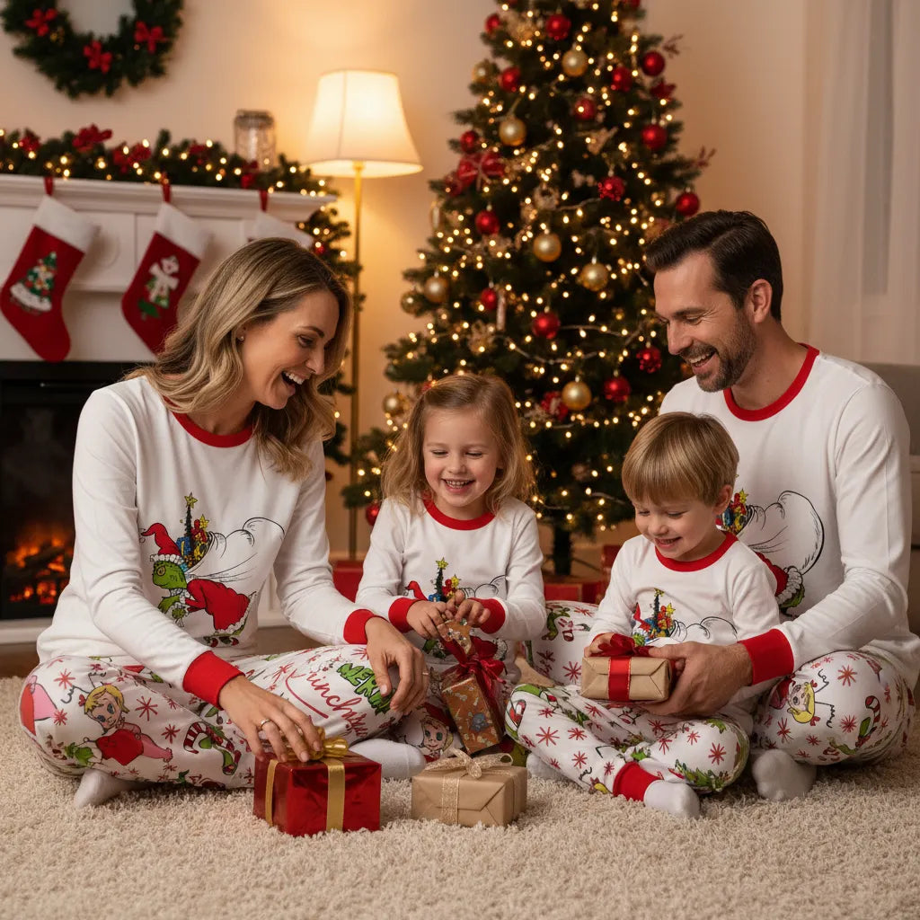 Christmas White Pajamas Set With Cartoon Pattern Print