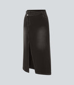 FlexTM Asymmetric Mid Rise Denim Maxi Casual Skirt with Pockets