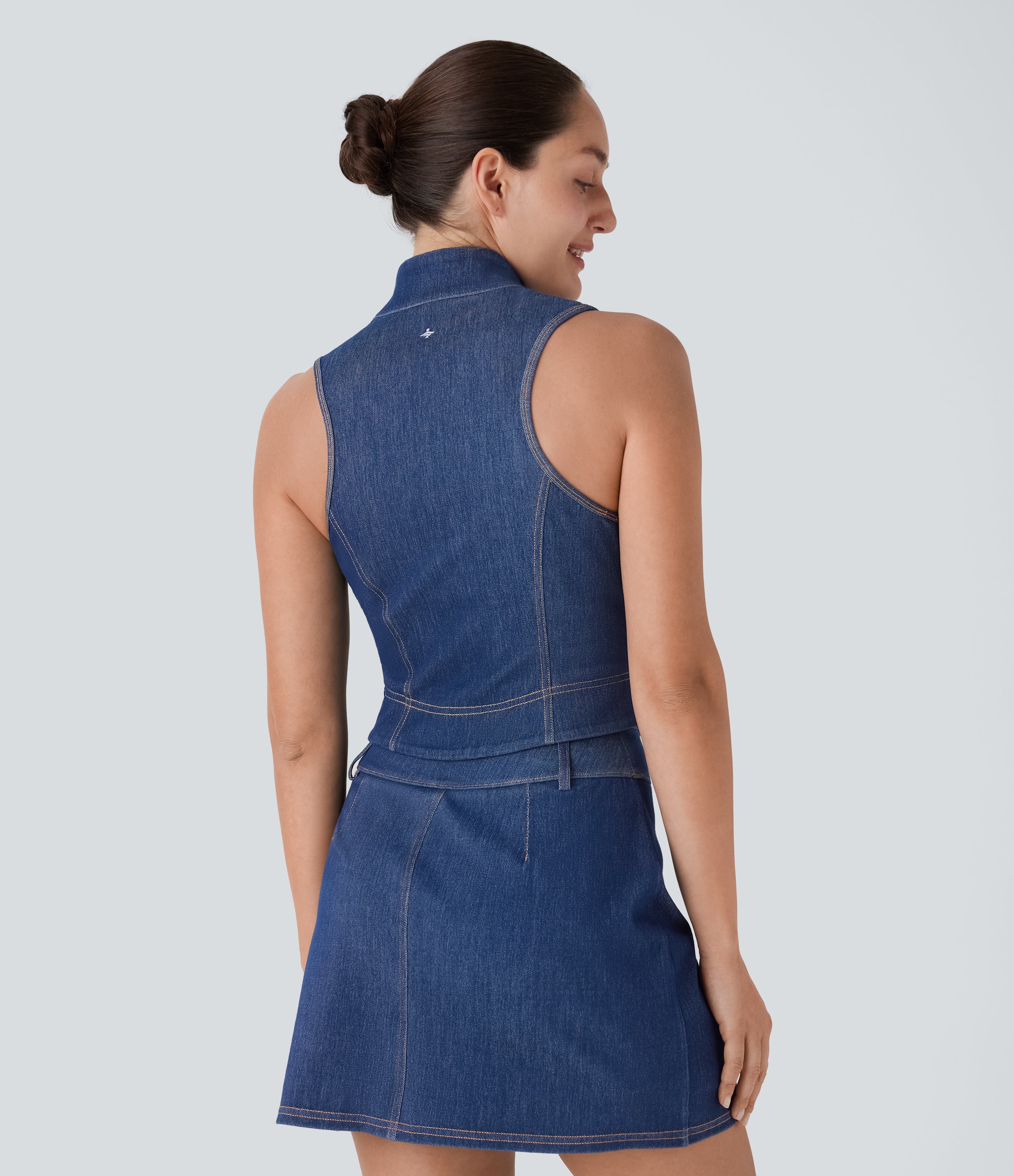 FlexTM Stand Collar Zipper Cool Touch Washed Denim Tennis Tank Top