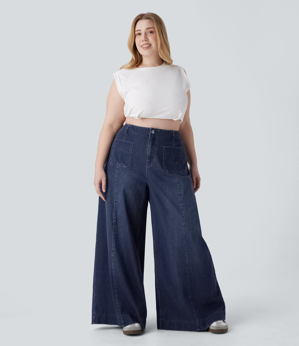 FlexTM High Waisted Pockets Washed Casual Wide Leg Plus Size Jeans