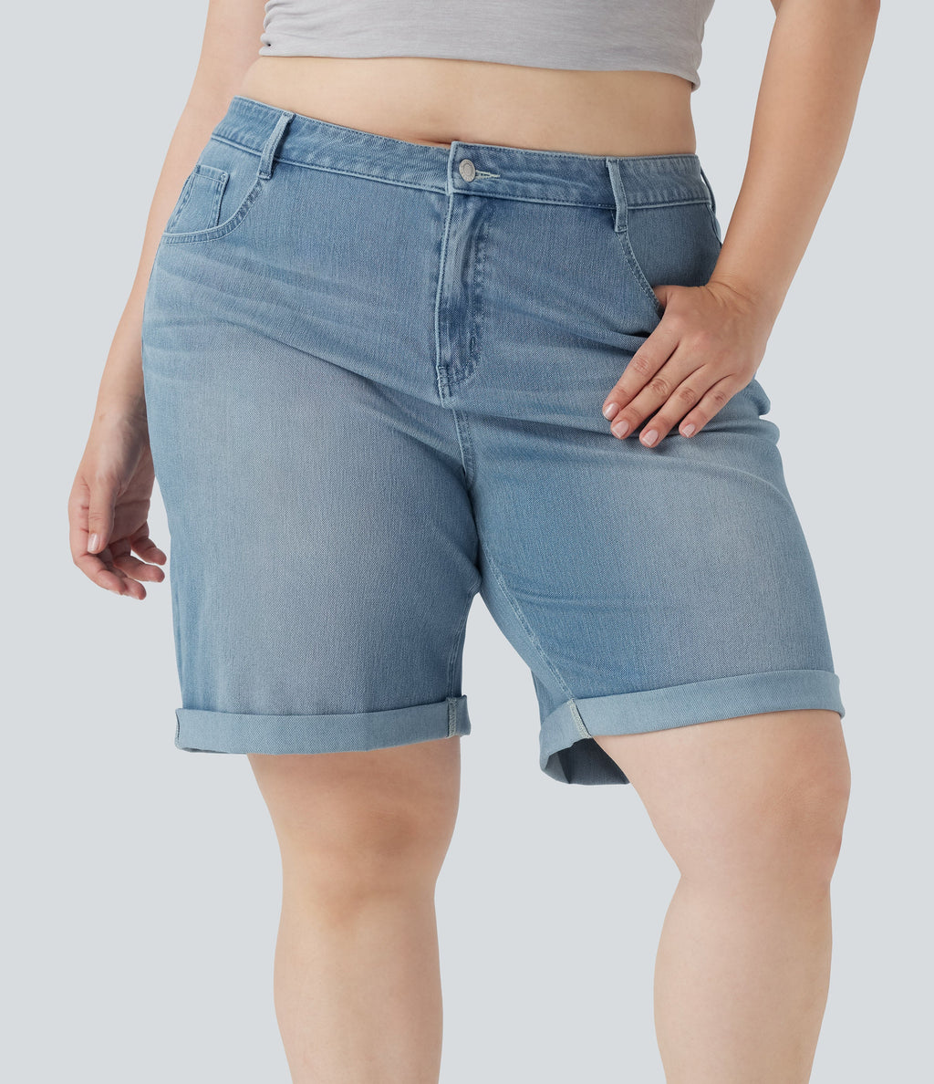 FlexTM High Waisted Multiple Pockets Rolled Hem Washed Stretchy Knit Denim Casual Plus Size Bermuda Shorts