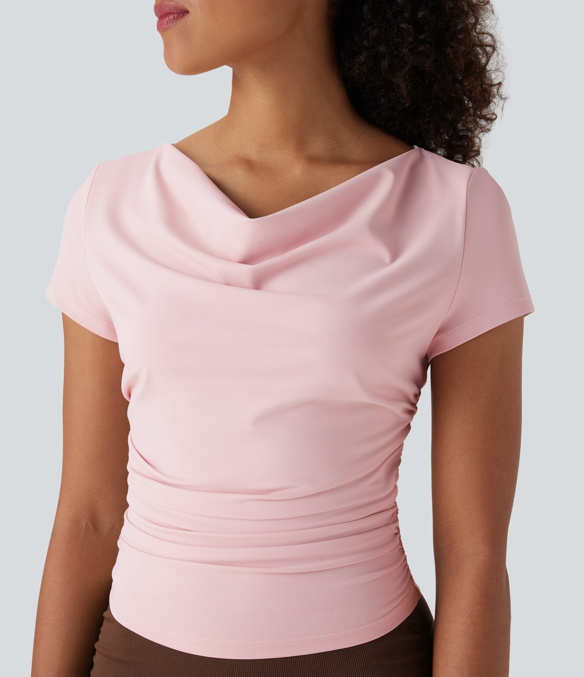 Cowl Neck Short Sleeve Ruched Yoga Top