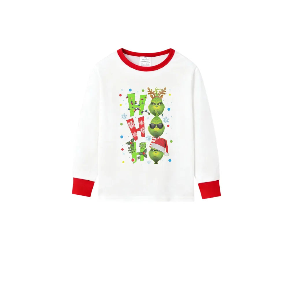 Family Christmas White Pajamas Set With "HO HO HO" & Cute Christmas Character Print