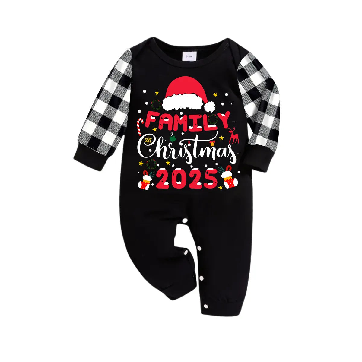 "2025 Family Christmas" Text and Christmas Pattern Black and White Plaid Family Matching Pajamas