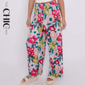 Pink Flower Print Abstract Wide-Leg Drawstring Palazzo Pleated Pants