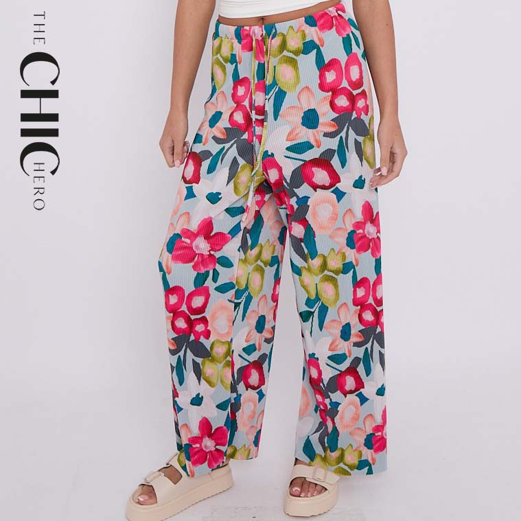 Pink Flower Print Abstract Wide-Leg Drawstring Palazzo Pleated Pants