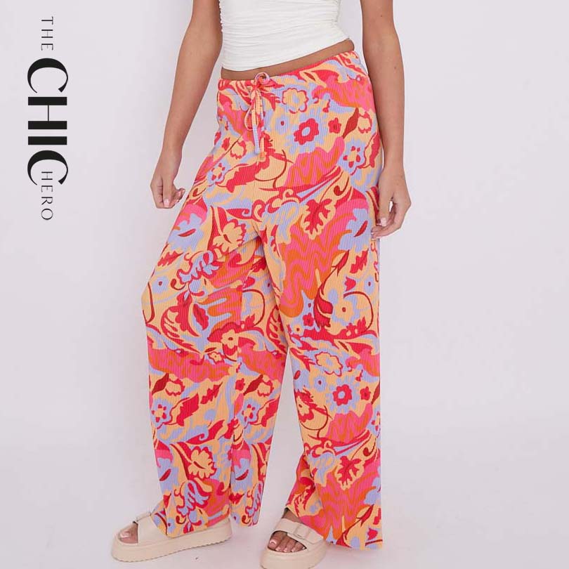 Red Abstract Print Wide-Leg Drawstring Palazzo Pleated Pants