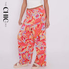 Red Abstract Print Wide-Leg Drawstring Palazzo Pleated Pants