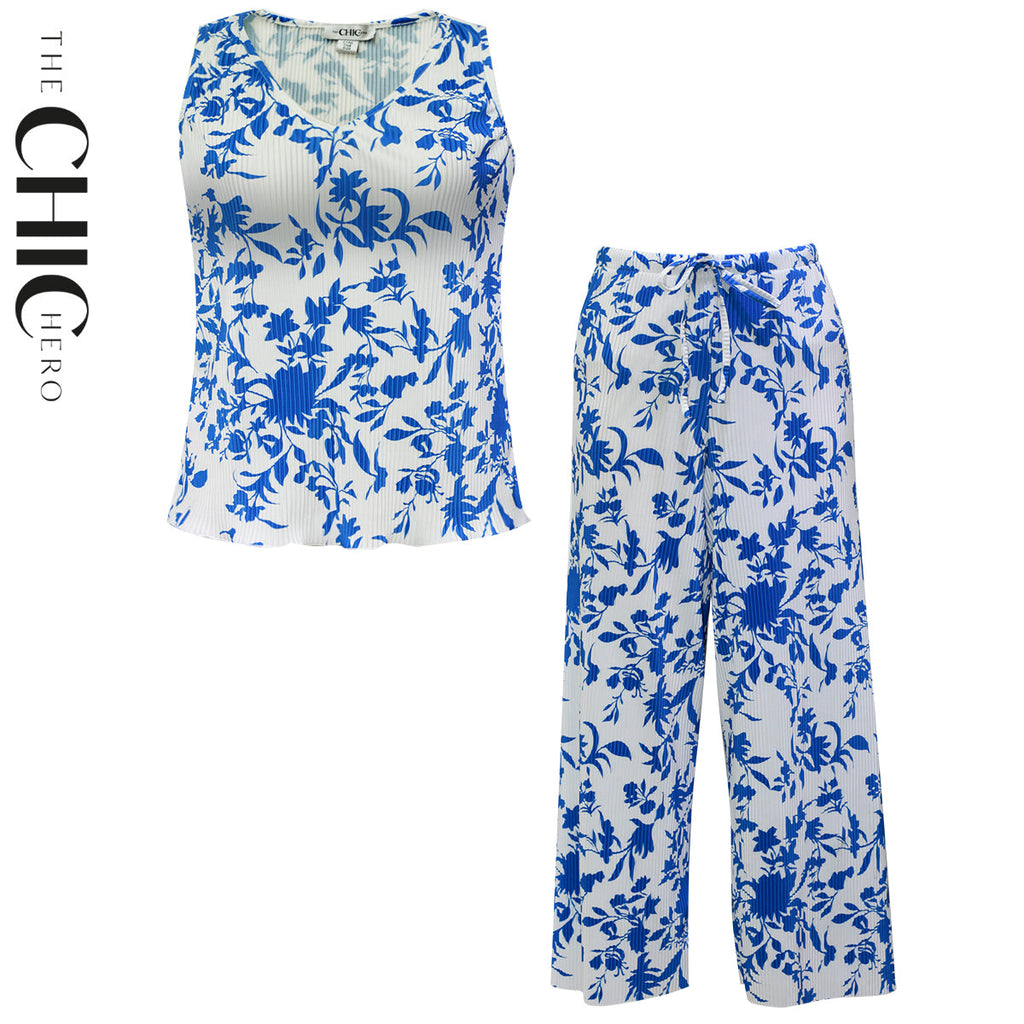 Chic Blue Botanical Prints V-Neck Vest Top & Pleated Pants