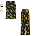 Yellow Floral Print V-Neck Vest Top & Pleated Pants