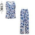 Boho Breeze Blue Floral V-Neck Vest Top & Pleated Pants