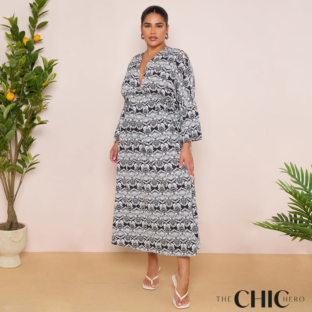 Long-Sleeve Swing Maxi Dress in Black Print