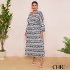 Long-Sleeve Swing Maxi Dress in Black Print