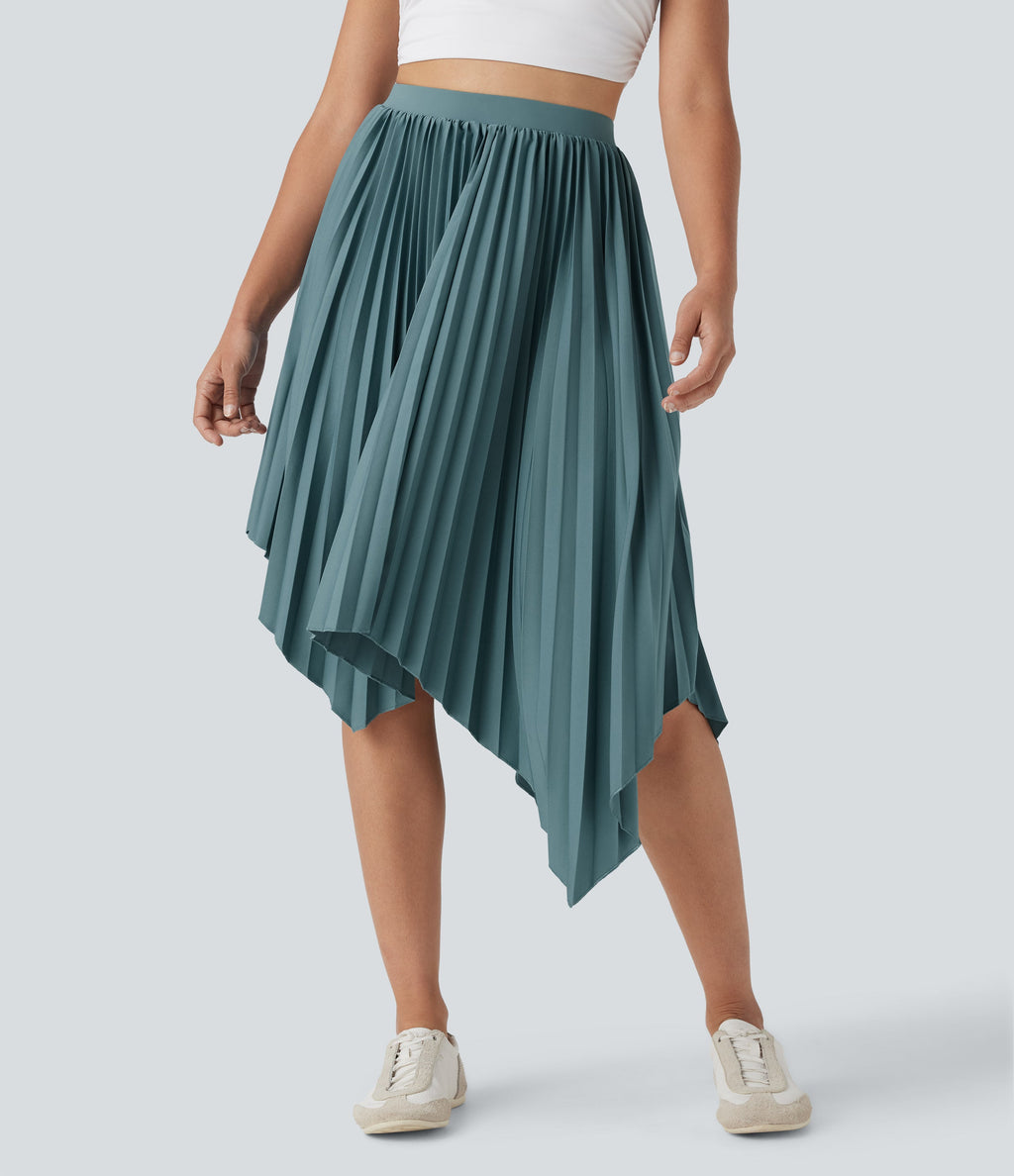 High Waisted Pleated Asymmetrical Hem Casual Skirt with Pockets