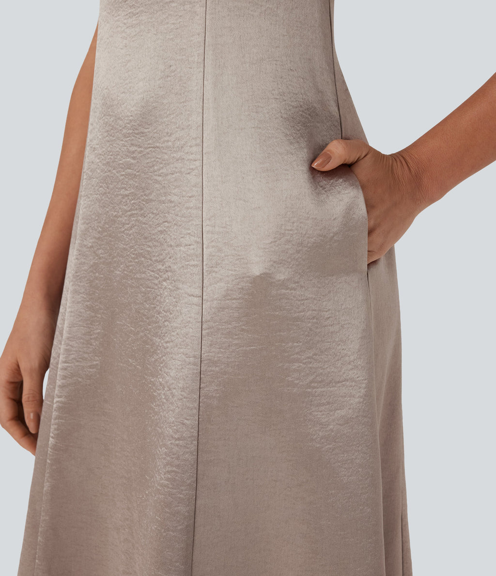 Round Neck Ruched Midi Satin Work Dress with Pockets