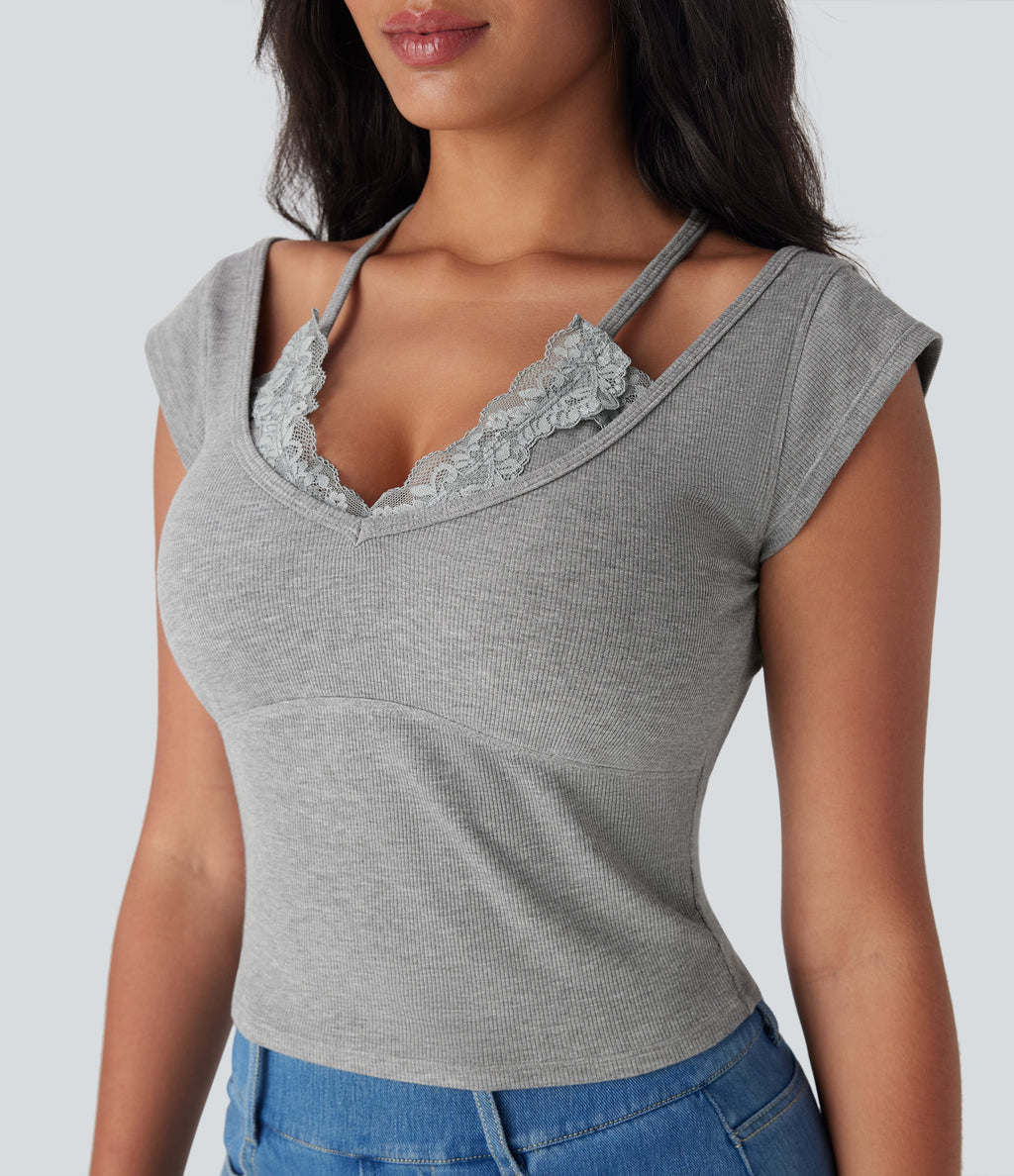 High Stretch Ribbed Knit Lace Halter Cap Sleeve Top